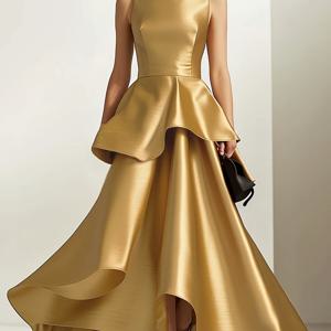 TEMU QIANZHIDU 브랜드의 우아한 민소매 하이웨스트 단색 새틴 가운, 스탠드 칼라 및 러플 헴 | 여성용 롱 A라인 가운, 레귤러 핏|나시원피스|민소매원피스|가을원피스