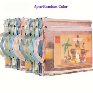 TEMU 5개 컬러풀 메쉬 지퍼 백 - 이중층 나일론, 통기성 및 투명 A4 사이즈 핸들 포함, 학교, 사무용품, 퍼즐 및 빌딩 블록 보관 정리함, 학교 용품 보관 | 생동감 있는 디자인 | 내구성 있는 지퍼 클로저, 지퍼 파우치|파우치