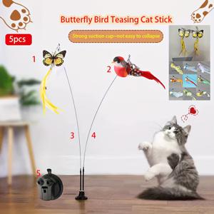 TEMU 5개 세트 듀얼 폴 버드 토이, 강력한 흡착 컵 포함 | 고양이용 상호 작용 깃털 나비 및 새 벨, 사냥 훈련 보조 장비, 모든 고양이 품종에 적합, 스타일 및 색상 랜덤, 배터리 없음