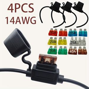 TEMU 12V 퓨즈 홀더 ATC/ATO 블레이드 타입, 내장형 12V 14 AWG 와이어, 10A/15A/20A/25A/30A 및 40A 등급 - 4개 자동차 퓨즈 홀더, 자동차 배선, 차량 전기, 컴팩트 디자인, 신뢰할 수 있는 커넥터, 고품질 배선, 안전한 연결, 보트 소유자, 자동차 전기 기술자용