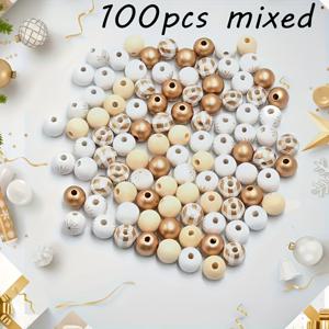 TEMU 크리스마스 스타일의 16mm 나무 구슬 100개입 (솔리드 실버 및 골드 색상, 체크무늬 및 눈꽃 패턴 포함). 이 둥근 루스 비즈는 장식 및 펜던트, 귀걸이 등 주얼리 제작에 적합합니다.