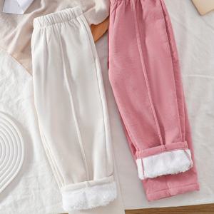 TEMU 여아용 패셔너블 투피스 세트, 솔리드 컬러 플리스 안감, 가을/겨울용 레귤러 발목 길이 바지, 캐주얼 롱 트라우저, 야외 활동용