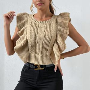 TEMU 여성용 러플 트림 스웨터 조끼, 라운드넥 민소매 반팔