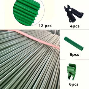 TEMU 28피스 내구성 정원 지지대 세트, 금속 코어 지지대 12개, A클립 4개, 커넥터 6개, 범용 클립 6개 포함. 부식 방지 및 삽입이 쉬움. 다양한 식물, 과일, 채소에 적합. 테라스 및 발코니 재배에 필수적인 안정적인 지지대