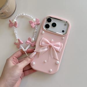 TEMU 귀여운 소녀용 핸드메이드 진주 리본 폰 케이스 & 매칭 팔찌, 아이폰 11 12 13 17 프로 맥스 호환