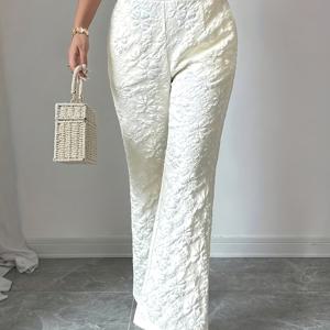 TEMU 여성용 우아한 솔리드 벨바지 팬츠 - 플레어 와이드룩, 솔리드 컬러 트라우저, 세탁기 사용 가능한 논스트레치 벨바지, 사계절 착용, 캐주얼 & 드레시 스타일