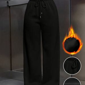 TEMU 여성 솔리드 컬러 두꺼운 따뜻한 안감 루즈핏 드로스트링 허리 밴드 와이드 레그 팬츠, 포근하고 편안하며 가을, 겨울 착용에 적합합니다.