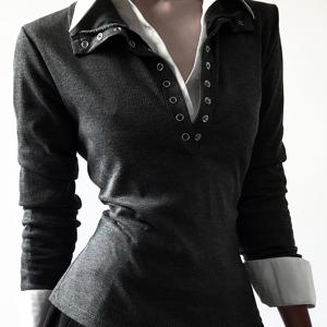 TEMU 여성 캐주얼 시크 투톤 컬러 블록 블라우스 - 긴소매 버튼 앞면 셔츠, 대비되는 칼라, 솔리드 컬러 탑 (가을/겨울, 오피스, 파티, ) - 다용도 한국 스타일 여성 의류, 여성 블라우스, 파티 복장|블라우스|여성블라우스