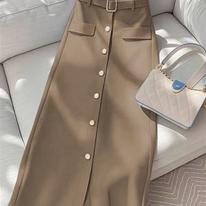 TEMU 신상 여성용 하이웨이스트 A라인 미디 스커트, 앞면 버튼, 벨트 장식, 캐주얼 및 출퇴근에 적합, 빈티지 스타일