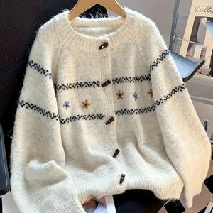 TEMU 여성용 루즈핏 카디건 - 뿔 버튼 2025 가을/겨울 신상 라운드넥 자카드 수제 꽃 자켓|가디건