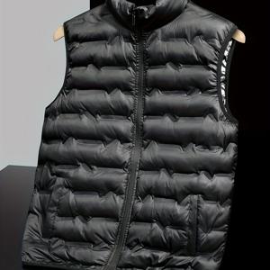 TEMU 남성용 가을/겨울 패딩 조끼, 보온 및 방한 기능, 패셔너블 테이프 솔기, 지퍼 포켓, 세탁기 사용 가능, 일상 캐주얼 및 아웃도어 스포츠 착용에 적합