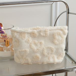 TEMU 2025년 겨울 인스 스타일 여성용 플러시 수납 가방, 하트 디자인의 대용량 휴대용 메이크업 파우치 | 여성 외출에 적합