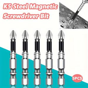 TEMU 5개 K5 자석 드라이버 비트 세트 | 십자/일자/육각/포지드라이브, 고강도 및 내마모성, 미끄럼 방지 톱니, 전동 드릴 및 프로젝트용, 스틸 재질