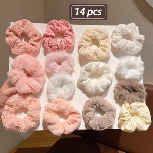 TEMU 14개 여성용 멀티 스타일 핑크 고탄력 헤어 그립 세트, 귀엽고 세련된 대형 헤어 타이