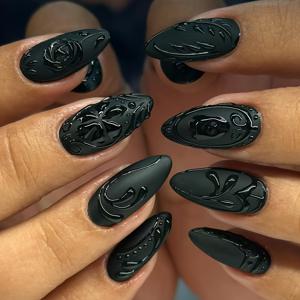 TEMU 24개 아몬드 모양 짧은 인조 손톱 | 3D 블랙 패턴 디자인, 자유로운 조합, 파티 및 데일리룩에 적합, 젤리 접착제 및 스크럽 바 포함