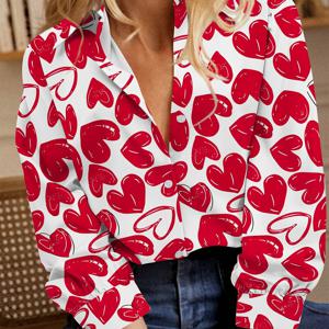 TEMU 패션 여성용 레드 & 화이트 하트 프린트 라펠 셔츠, 루즈핏 롱슬리브 스위트 디자인 데일리 커뮤트 탑
