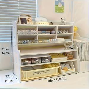 TEMU 업그레이드된 두꺼운 이중 레이어 데스크탑 책장 | 기숙사, 사무실, 문구 및 책 보관을 위한 작은 수납 랙에 적합, PVC 재질, 페인트 마감|책장