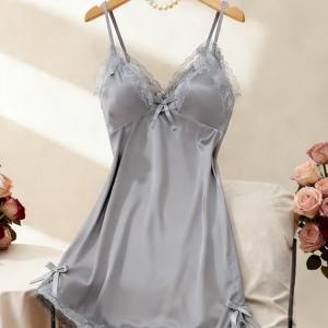 TEMU 스위트 & 스파이시 스타일 새틴 나이트가운, 레이스 V넥 캐미솔, 리본 장식, 야간용 잠옷