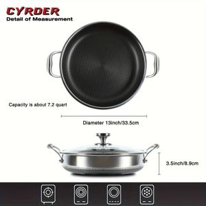 TEMU 뚜껑, 손잡이 2개, PFOA-프리, 식기세척기 사용 가능, 볶음, 토스트, 베이킹, 스토우프 요리에 적합한 대형 13인치(약 33.5cm) 스테인리스 스틸 논스틱 프라이팬