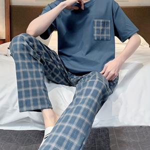TEMU 남성용 공작 파란색 체크무늬 파자마 세트 포켓 포함 - 부드럽고 편안하며 스타일리시한 반팔 풀오버와 긴 팬츠 루즈웨어 봄/가을용|파자마|여름잠옷|반팔