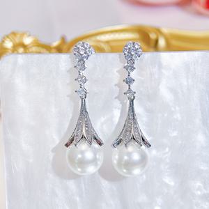 TEMU 1개 고귀한 웨딩 파티 신부용 은색 세팅 라운드 합성 지르코니아 고품질 인공 드롭 귀걸이