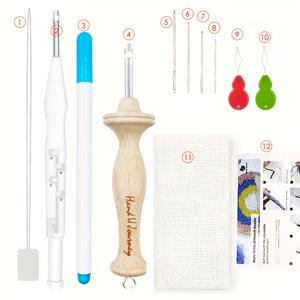 TEMU 12개 펀치 니들 초보자 키트, 1개의 옥스포드 오픈 사이드 디자인 도구, 1개의 조절 가능한 펀치 니들, 9.4인치의 모니크 천 1개 및 기타 러그 펀치 기본 기술 가이드 포함