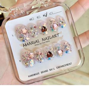 TEMU 사랑스러운 핑크 공주 테마 탈착식 핸드메이드 네일 아트, 블러쉬 리본이 있는 짧은 인조 네일 포함