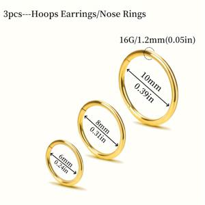TEMU 3개 16G 우아한 여성용 스테인리스 스틸 힌지 작은 원형 귀걸이, 심플한 무봉제 코 링 다이어프램 립 링 연골 헬릭스 이어 스크린 슬립 귀걸이 선물 주얼리|링귀걸이