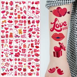 TEMU 데이 임시 타투 스티커, 12장 143가지 디자인, 빨간 하트, 장미, , 캔들, 선물, 케이크 등 데이 요소 포함. 커플을 위한 예술적인 임시 타투