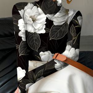 TEMU 여성용 우아한 슬림핏 하이넥 긴팔 블라우스 - 미디엄 스트레치 티셔츠 탑, 은은한 플로럴 프린트, 세탁기 사용 가능, 가을/겨울 워드로브 필수 아이템, 오피스, 세미포멀 & 캐주얼 룩 - 논-스무스