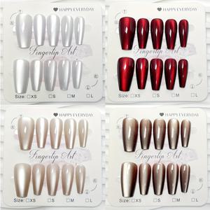 TEMU 40개입 4색 중간길이 발레형 프레스온 네일 세트 - 실버, 연핑크, 레드, 샴페인 컬러의 패셔너블 솔리드/그라데이션/캣아이/글리터 마감. 탈부착 가능한 디자인으로 재사용 가능. 젤리 글루, 네일 파일, 나무 스틱 포함. 파티, 프롬, 데일리웨어용 풀커버 인조네일