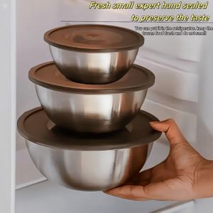 TEMU 뚜껑이 있는 3개 세트 실버 스테인리스 스틸 믹싱 볼 - 내구성 있고 식품 안전, 주방 준비 및 보관에 적합, 바비큐 및 야외 요리용 - 할로윈, 크리스마스, 이스터, 및 추수감사절에 완벽