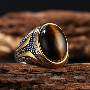 TEMU 남성 빈티지 스타일 반지, 천연 타이거 아이(Natural Tiger's Eye) 장식, 316L 스테인리스 스틸 재질, 남녀 모두에게 적합, 선물용으로 완벽