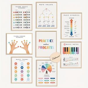 TEMU 인쇄된 그림, 8개 음악 이론 교육 포스터 세트, 액자 없음 8x10 인치 음악 학습 벽 예술, 교실, 가정, 기숙사, 연습실용 - 액자 없는 음악가 선물, 2D 평면, 방 장식에 완벽
