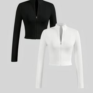 TEMU 2pcs 캐주얼 여성용 가을/겨울 스트레치 자켓 세트, 하프 지퍼 & V넥 슬림핏 긴소매