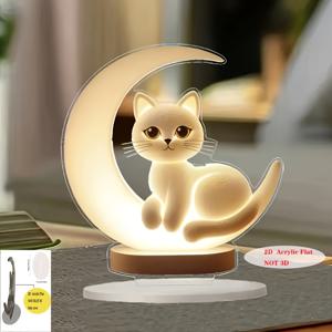 TEMU 2D 플랫 아크릴 고양이 달 램프 | 스타일 데스크탑 장식, 새달과 귀여운 새끼 고양이, 따뜻한 조명, 완벽한 선물 아이디어, 고양이 장식, 2D 플랫