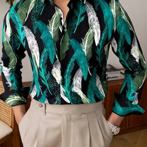 TEMU 남성용 컬러풀 깃털 프린트 셔츠, 봄/여름 플로럴 패턴 얇은 다용도 긴팔 티셔츠, 트렌디