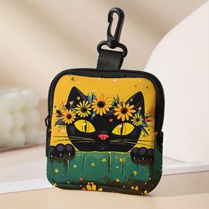 TEMU 노란 꽃과 검은 고양이 패턴이 있는 귀여운 동전 지갑입니다. 안전 잠금 장치와 지퍼 포켓이 특징이며, 다기능 수납 가방으로 정리하기에 완벽하며 남녀 모두에게 적합합니다.