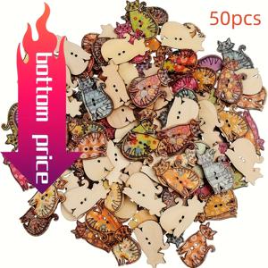 TEMU 50개 아름다운 혼합 나무 고양이 테마 버튼, 빈티지 스타일, 장식용 의류 추가, 레트로 고양이 모양 재봉 버튼 (공예, 백팩, 지갑용) - 주얼리 제작 디스플레이 및 포장 용품