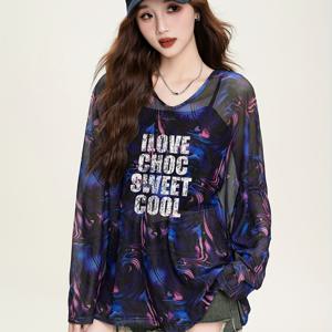 TEMU 여성 캐주얼 레이스 문자 프린트 메쉬 티셔츠 - 