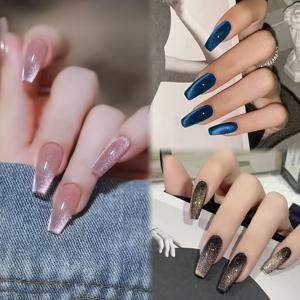 TEMU 72pcs 여름용 라이트 불브 캣아이 커버 네일 보드 분리형 고급스러운 네일 보드 블랙, 블루, 핑크 세 가지 색상 심플한 솔리드 컬러 인조 네일 프레스, 여성의 일상 및 파티 착용에 적합, 편리하고 빠른 네일 아트
