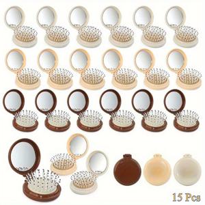 TEMU 15개 접이식 헤어 브러시와 거울 - 휴대용 포켓 사이즈 컴팩트 거울, 미니 헤어 브러시, ABS 플라스틱 손잡이, 여행용 지갑 브러시 (3가지 색상), 여행용 헤어 케어 필수품 | 컴팩트 거울 홀더 | 내구성 있는 플라스틱 브리스틀, 헤어 케어 액세서리