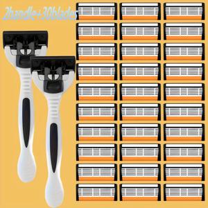 TEMU 남성용 헤비듀티 수동 면도기 (손잡이 포함) /24/30개 재사용 가능한 면도날 - 스테인리스 스틸, 수염 정리, 콧수염 면도기, 세척 가능한 리필 도구