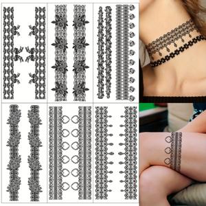 TEMU 레이스 다리 임시 타투 스티커 6장. 여성용, 블랙 레이스 플로럴 하트 패턴. 패셔너블, 방수 임시 메이크업 암커프 타투, 팔, 허벅지, 목, 복부에 적용 가능