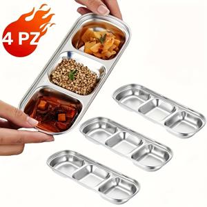 TEMU 4개 스테인리스 스틸 실버 3칸 소스 접시, 한국식 간장 접시, BBQ 식초, 향신료, 케첩, 소금, 설탕, 가정용 조미료 접시, 식당, 야외 사용