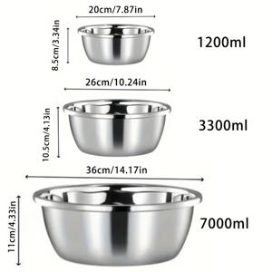 TEMU 두꺼운 스테인리스 스틸 믹싱 볼 3개 세트입니다. 1200ml, 3300ml, 7000ml 사이즈로 제공되며 샐러드 및 수프에 적합합니다. 재사용이 가능하며 세척이 용이하며 공간 절약을 위해 중첩 가능하여 요리 및 베이킹에 적합합니다.