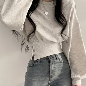 TEMU 여성용 한국 스타일 시크 가을 유니크 디자인 라운드넥 허리 집어넣는 슬림핏 긴팔 크롭 풀오버 스웨트셔츠