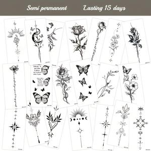 TEMU 20개 허브 주스 반영구 매직 타투 스티커. 로즈, 뱀, 나비의 창의적이고 독특한 디자인으로, 데일리 파티 및 축제 선물로 완벽합니다. 이 바디 데코레이션은 14일 동안 변색 또는 반짝임 없이 지속됩니다.