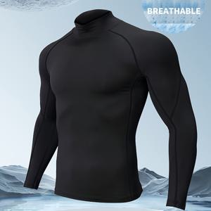 TEMU 남성용 퀵드라이 스트레치 짐 셔츠 - 하이넥 긴팔 운동복, 흡습 속건 기능성 피트니스 웨어, 복싱 및 트레이닝용 신축성 운동 상의, 사계절 통기성 티셔츠 - 비침투적 타이트핏 액티브웨어, 슬림 핏 헬스웨어|짐웨어