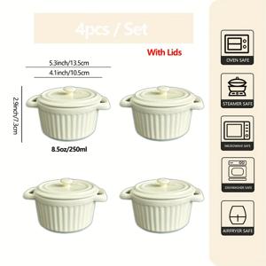 TEMU 8oz 라메킨, 손잡이가 있는 4개 세트, 쌓을 수 있는 세라믹 보울, 크림 브루레용 오븐 안전, 수프 디쉬 베이킹 보울, 푸딩 딥 소스 디저트 요거트 아이스크림용 세라믹 라미킨